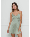 Vestido De Seda Pepita, Manga Corta, Cuello V, Solido